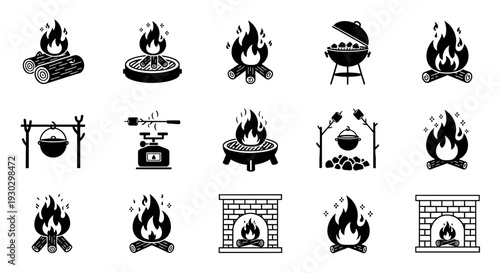 Fire icon set with campfire grill fireplace and cooking pot
