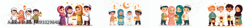 vector of little muslim friends holding ramadan lanterns