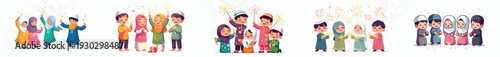 vector of little Muslim friends playing with fireworks