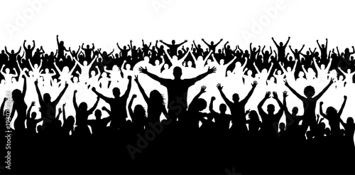 Cheering crowd silhouette with central leader and raised hands