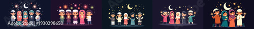 vector of little Muslim friends playing with fireworks on night ramadan