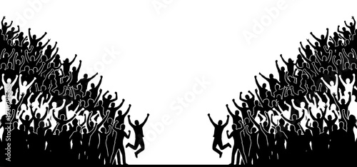 Cheering crowd silhouette in two groups with symmetrical composition