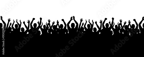 Panoramic crowd silhouette with raised hands for banner