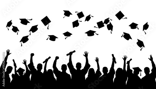 Graduation silhouette with students throwing mortarboard caps