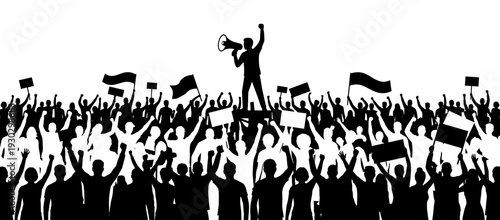 Protesting crowd silhouette with leader and megaphone