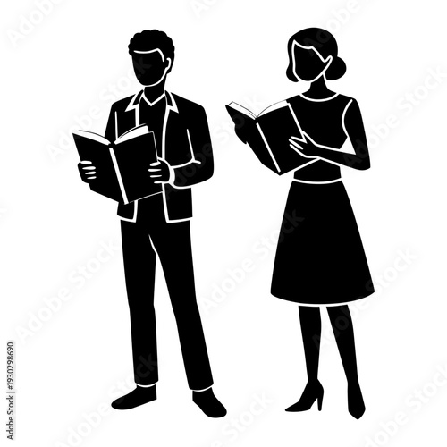 Book Reading Silhouette Scene – Modern Casual People.