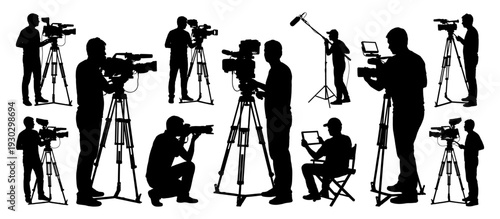 Cameraman and reporter silhouette set with video camera