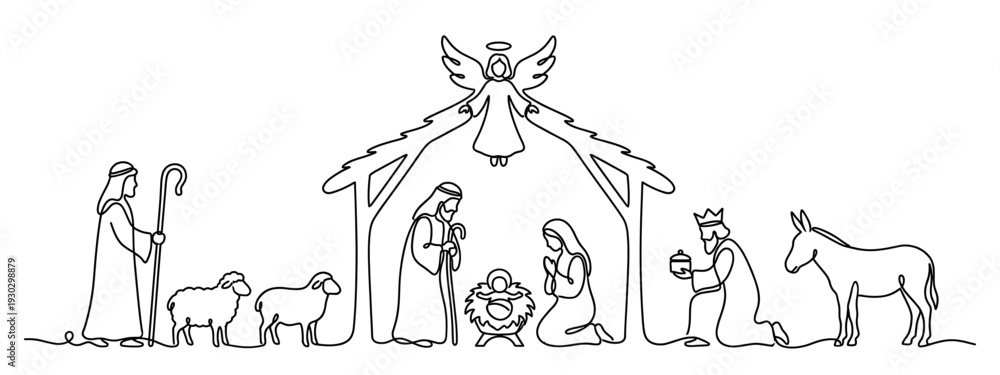 Fototapeta premium Nativity scene with holy family in continuous line art style