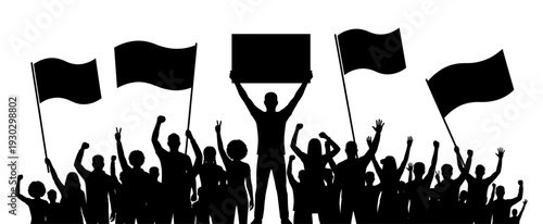 Protesting crowd silhouette with flags and blank placard