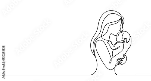 Mother holding baby in continuous line art style