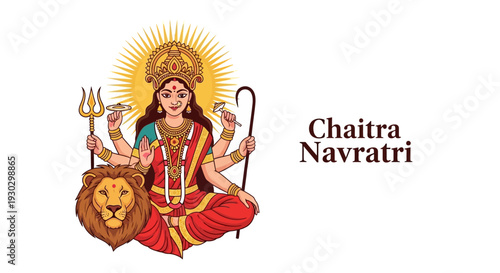 Illustration of Goddess Durga, a Hindu deity, sitting with a lion and various symbolic objects, representing Chaitra Navratri, a significant Hindu Festival in India.