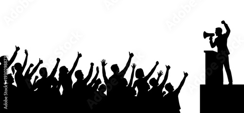 Speaker silhouette at podium with cheering crowd