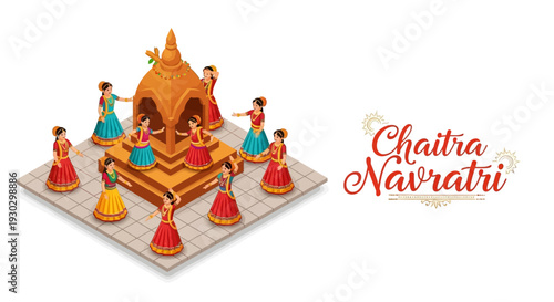 Illustration of people celebrating Chaitra Navratri with traditional dance around a temple structure on a square platform with a white background.