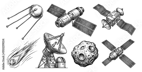 Space satellite and astronomical equipment vintage sketch set