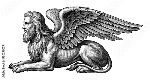 Ancient Greek sphinx mythological creature in engraving style