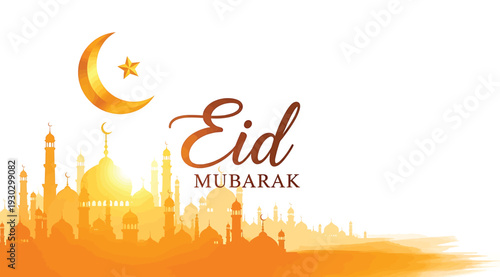 Eid mubarak greeting card with crescent moon and city skyline in orange tones isolated on white background
