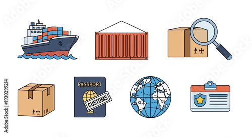 A collection of icons related to global shipping customs and inspection