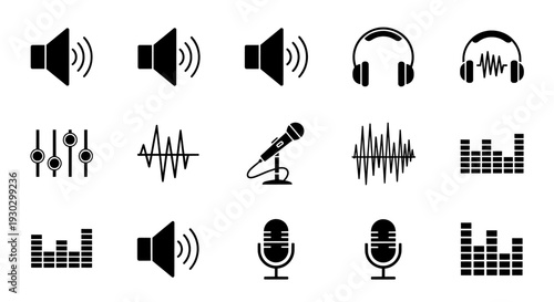Audio icon set with microphone headphones speaker and sound waves
