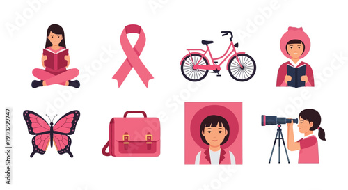 A grid of eight pinkthemed icons featuring people objects and a butterfly