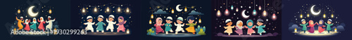 vector of little muslim friends dancing happily in night ramadan