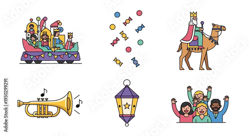 Collection of six flatstyle icons related to a parade or festival