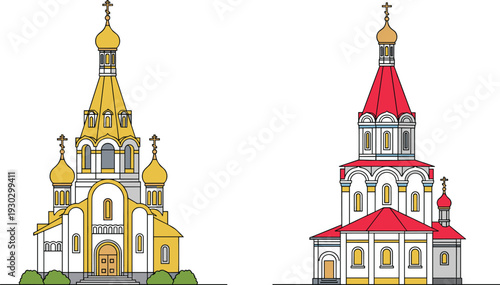 Set of two flat vector illustrations of Russian Orthodox churches with golden onion domes, red roofs, and traditional architectural details isolated on a white background.