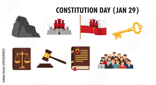 Gibraltar Constitution Day graphic with rock castle flag key law symbols and people