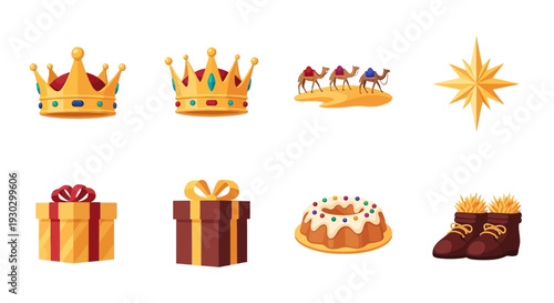 Icons featuring crowns camels a star gifts cake and boots with hay