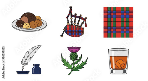 Six icons representing Scottish culture food bagpipes tartan quill and ink thistle and whisky