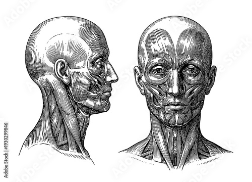 Human head and neck muscular system in vintage engraving style