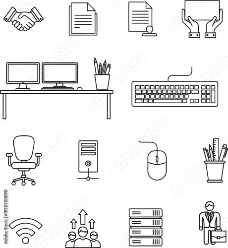 Business office workplace technology management agreement career server network computer hardware stationery professional teamwork wireless connectivity Hand Drowing Vector Line Icon Set