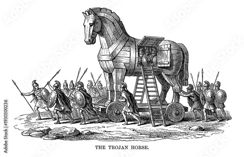 Trojan Horse deception with Greek soldiers and trapdoor