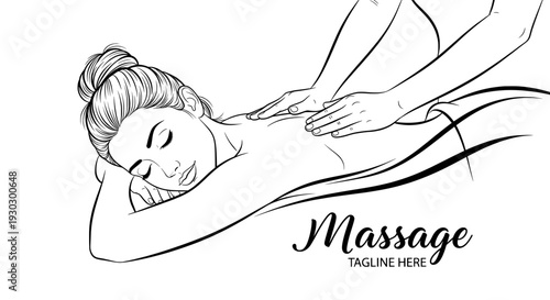 Massage therapy logo with woman receiving back treatment line art
