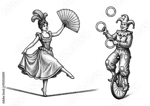 Vintage circus performer set with acrobat and unicycle juggler