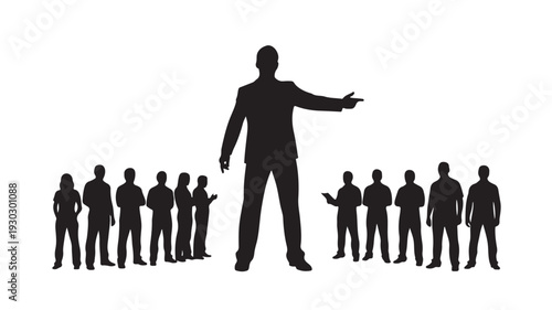 A leader stands confidently in front of a group of people with outstretched arm, addressing the crowd.