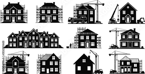 House construction process silhouettes set, residential building stages with scaffolding crane workers trucks vector illustration isolated on white background