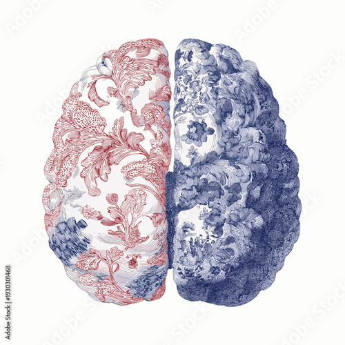 Human brain with intricate floral patterns blending blue and red against a white background. Patterned brain illustrating creative thought and complex mind