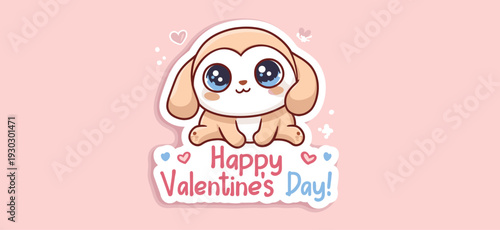 Cute cartoon animal holding a pink sign for Valentine's Day celebration. Cute big-eyed animal delivering Happy Valentine's Day message