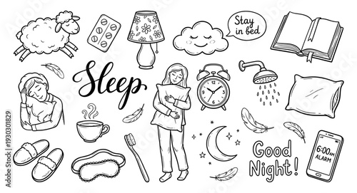 Sleep and bedtime routine doodle set with pillow and clock