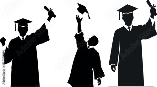 Graduation celebration silhouettes of three people throwing caps