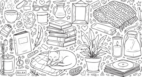 A serene illustration of a cat resting on a cushion surrounded by household items and plants viewed from above in a cozy environment