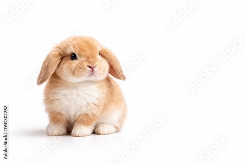 High end studio photo baby satin mini lop rabbit beige white fur calm lopped ears three quarter portrait isolated on white copy space
