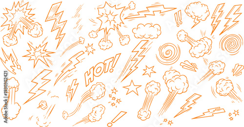Dynamic collection of hand-drawn comic book style energy bursts, lightning bolts, speed lines, and smoke clouds, perfect for adding action and impact to illustrations and graphic designs