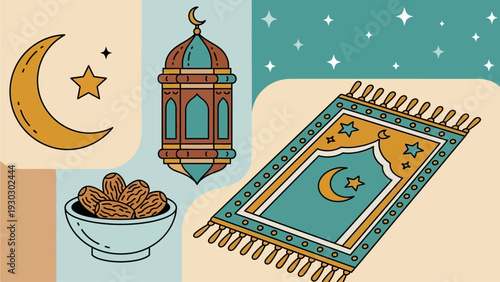A serene Ramadan scene featuring a prayer mat, lantern, and dates under a crescent moon and starry night sky