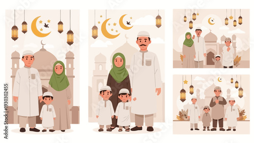 Illustration of family gatherings during Ramadan with crescent moons and lanterns hanging above