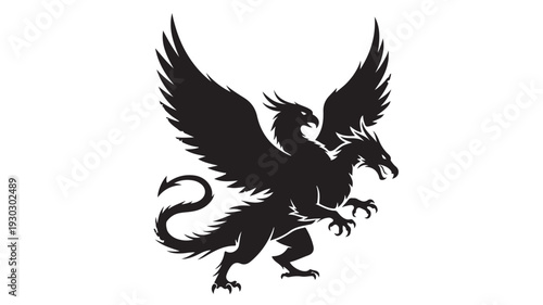 Mythical creature illustration of a dragon with wings flying in the air, depicted in a black silhouette