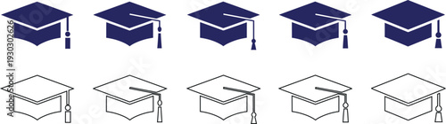 Graduation cap icons in various designs and colors