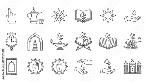 Collection of Islamic symbols and icons, including mosque, Quran, and crescent moon, depicted in simple line art style