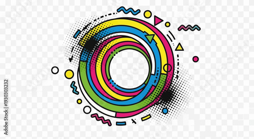 Abstract Colorful Geometric Swirl with Retro Memphis Design Elements