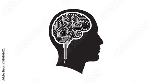 Silhouette of a human head in profile showcasing a detailed brain illustration inside the skull